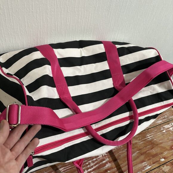 Y2K 2000s Victoria’s Secret Pink Duffle Bag Weekender Black White Stripe Strap - Picture 11 of 14